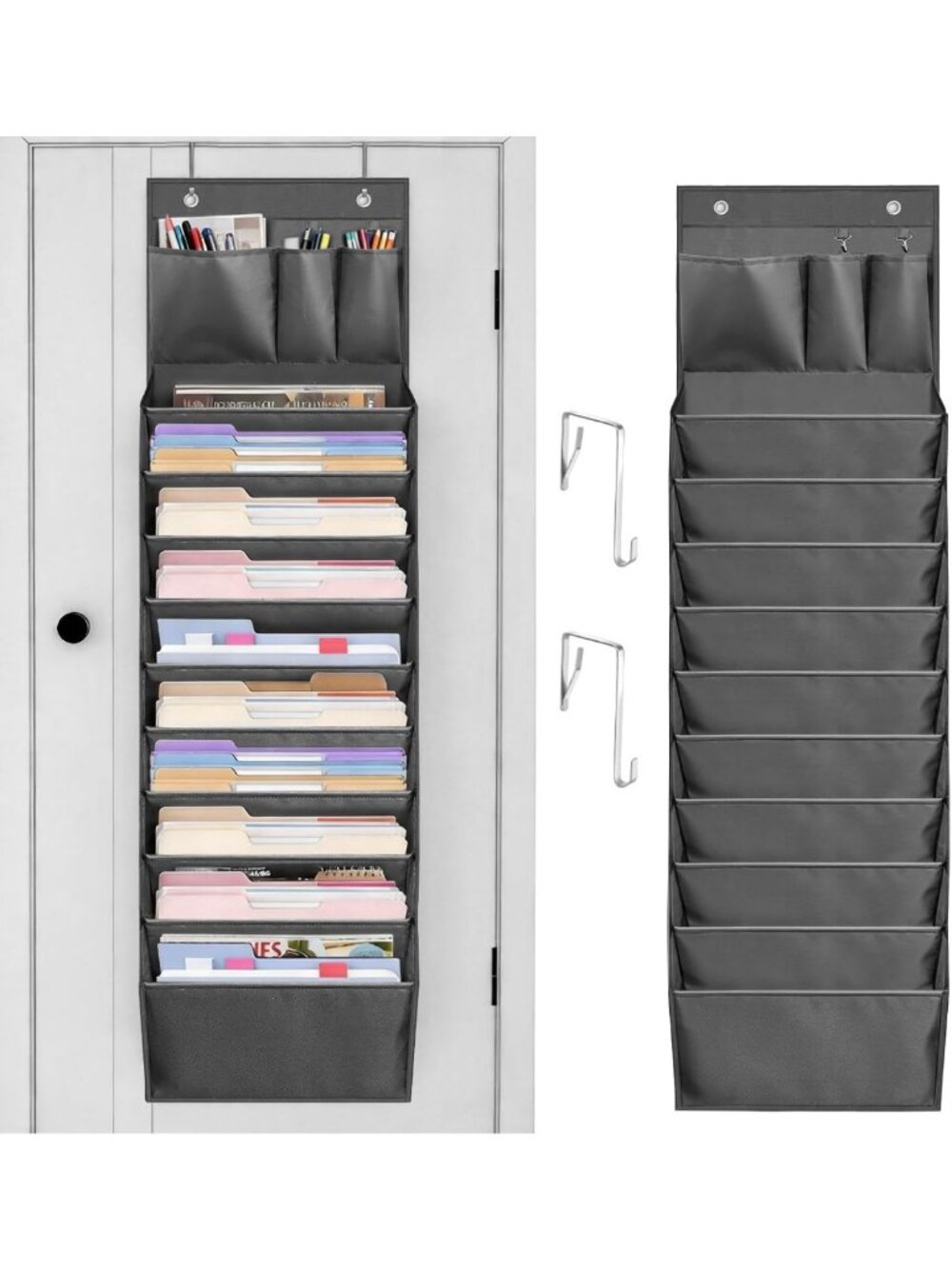 Over Door File Organizer with 10 Extra Large Pockets - Grey Hanging Storage